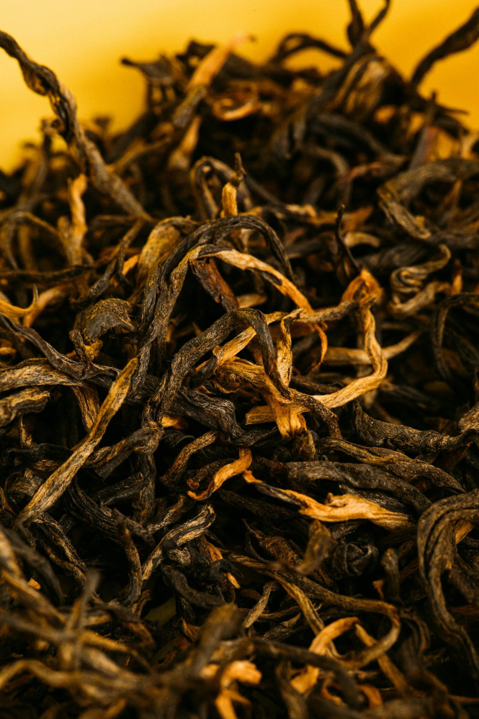 Gedrehte schwarze Teeblätter mit goldenen Spitzen
